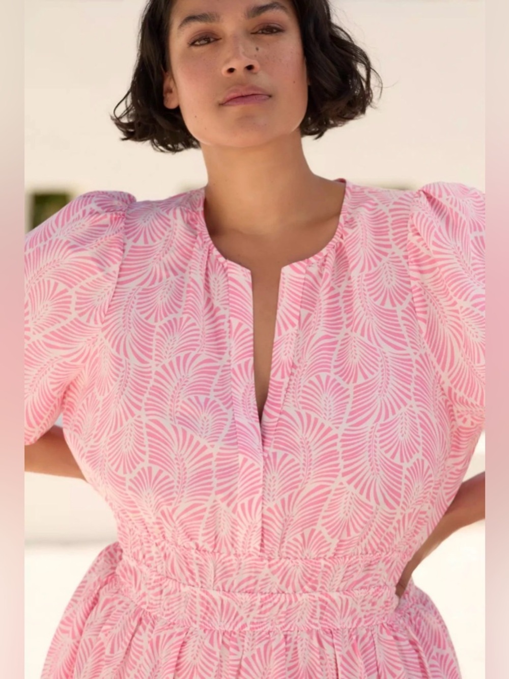 Anthropologie Pink Leaf-Print Short-Sleeve Maxi Dress - Picture 3 of 6